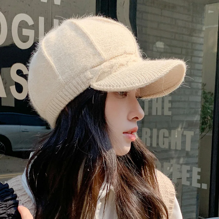 

COKK Winter Hat Beret Women Rabbit Fur Knitted Stripe Ear Protection Ladies Winter Cap Thick Velvet Keep Warm Beret Femme New