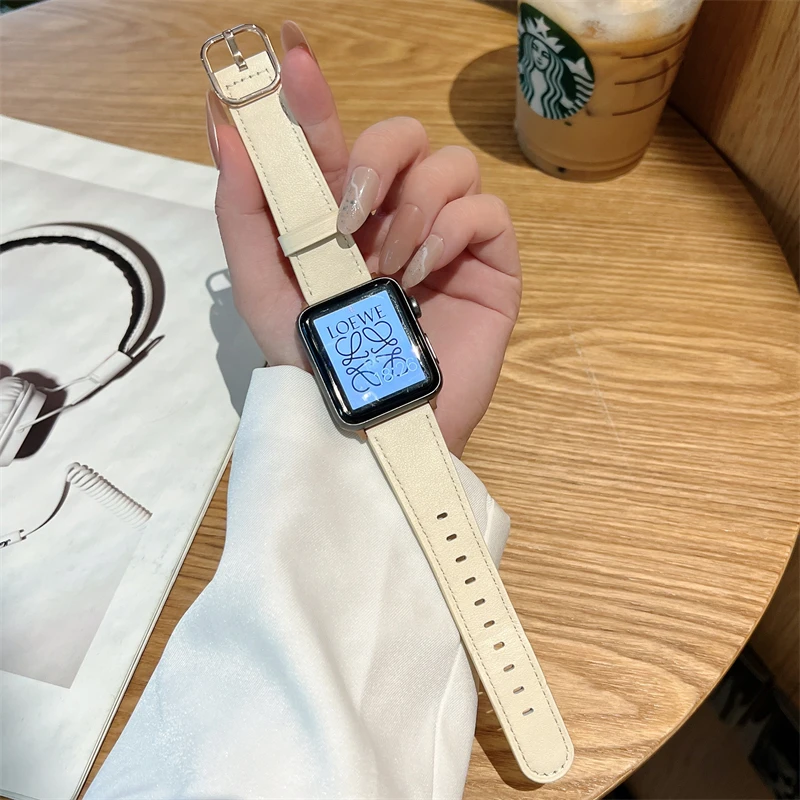 

Ремешок из мягкой натуральной кожи для Apple watch SE 7 45/44, браслет с узором Личи для iWatch 6 5 4 3 38 мм 40 мм 42 мм 41 мм, для женщин и мужчин