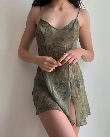 Y2K летнее женское шифоновое Прозрачное мини-платье без рукавов с цветочным абстрактным принтом и открытой спиной
