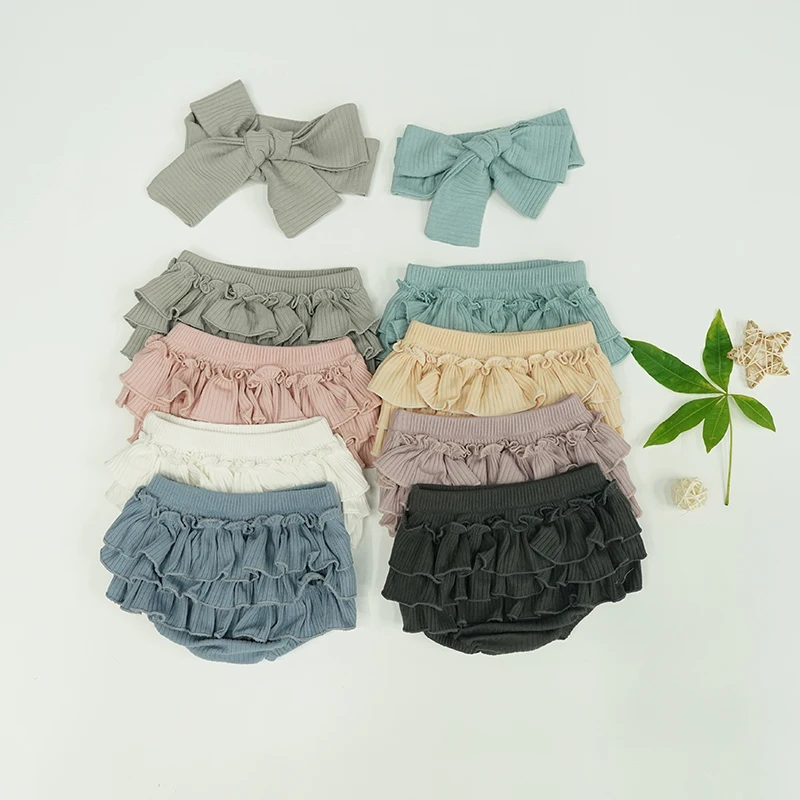 

2pcs Newborn Ribbed Short Bloomers Solid Color Multi Layered Ruffle Cute Baby Girl Skirt Pants Bow Headband Legging Children Set