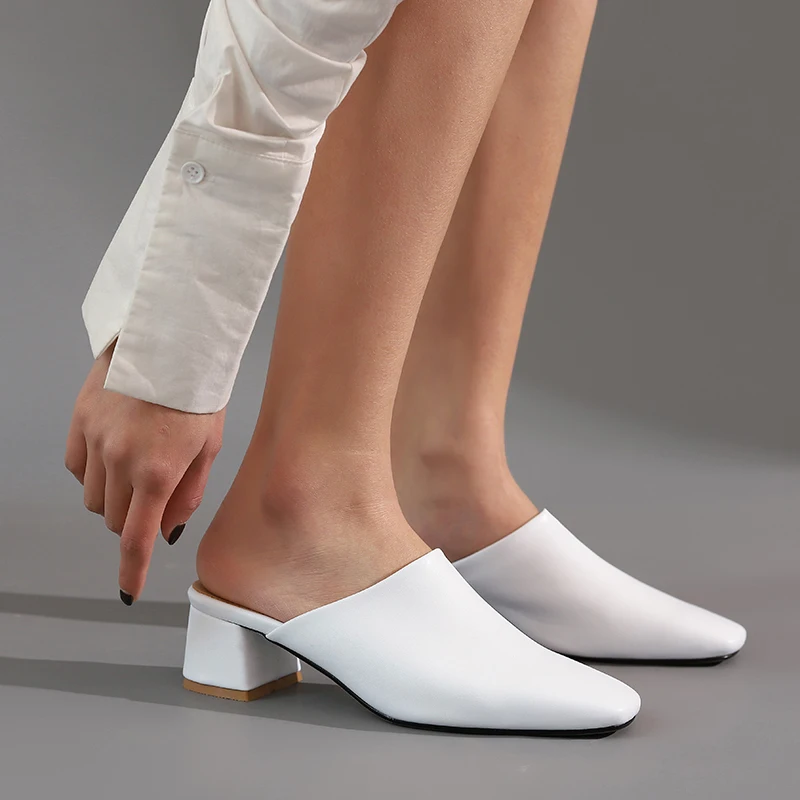 Big Size Summer Women Mules White Black Square Toe Medium Block Heels Pumps Comfortable Party Club Leisure Lady Slip-on Slippers