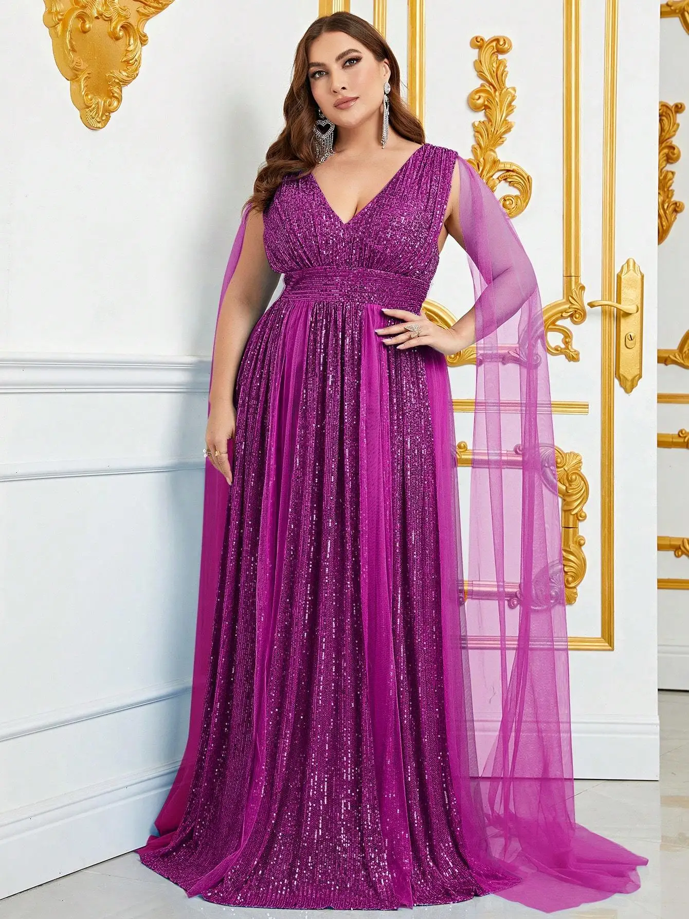 

Plus Size Women Party Dresses Fashion Sequin Splicing Mesh V-neck Sexy Elegant Dresses Large Size Female Wedding Evening Dresses