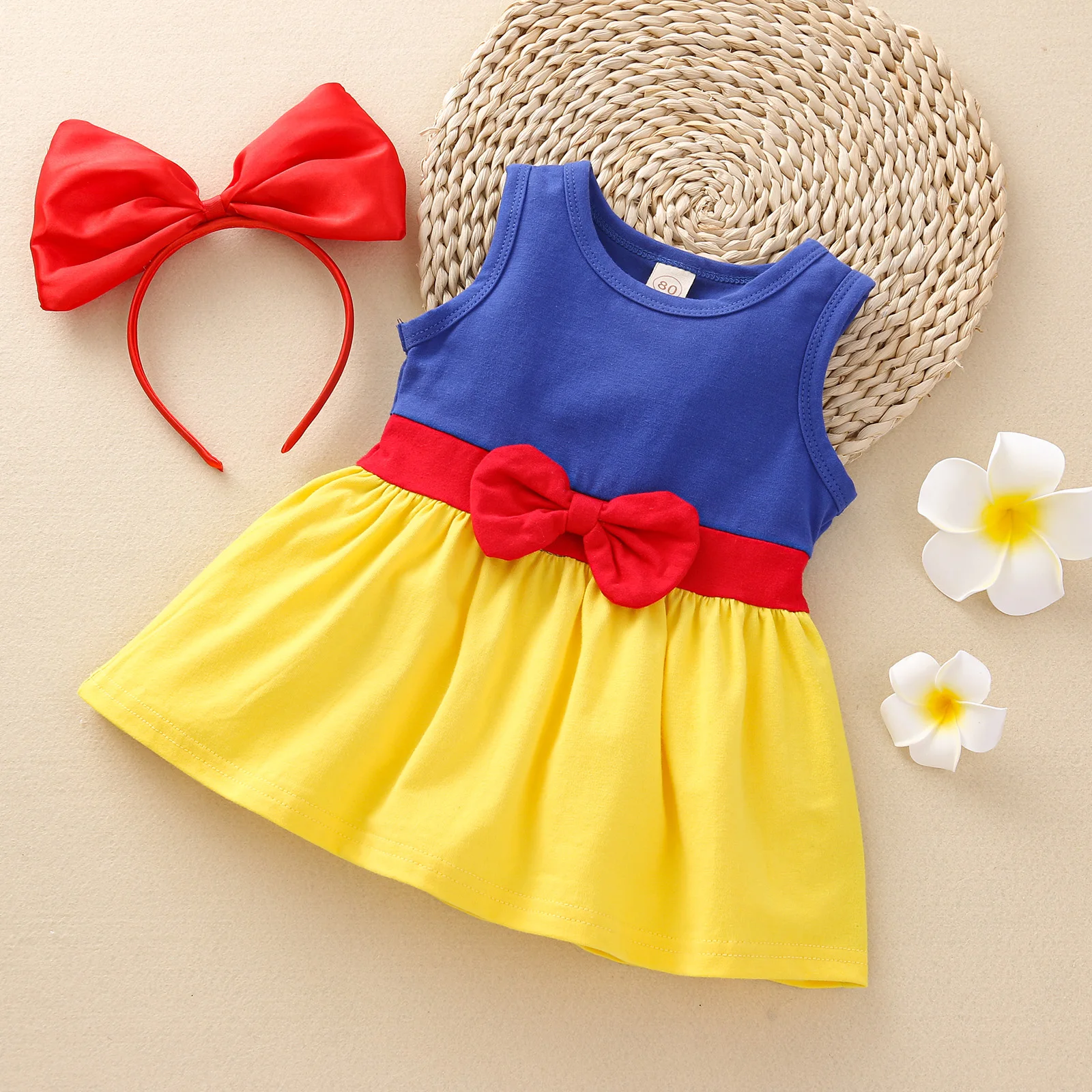 

Disney Snow White Princess Lovely Baby Girls Dress+Headband 2pcs Patchwork Sleeveless Bowknot Knee Length A-Line Sundress 0-5Y