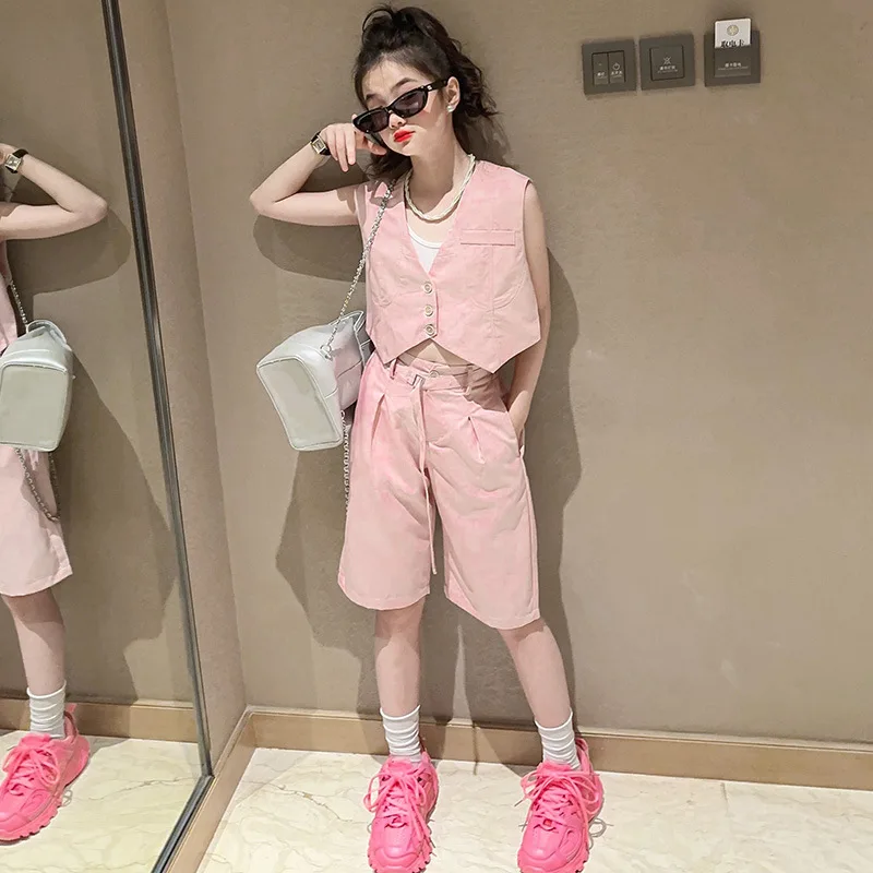 

Summer Girls Clothes Teenage Fashion Suit Vest Set Two Piece Set Clothes for Children 2 to 12 14 16 Years