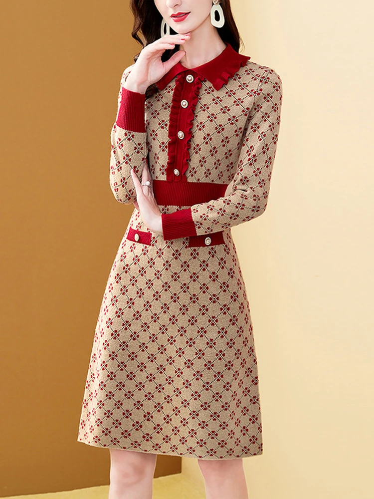 

Knitted Elegant Women Dress Plaid Patchwork Buttons Peter Pan Collar Long Sleeve Winter Autumn A-line Female Dress Sweater 2021