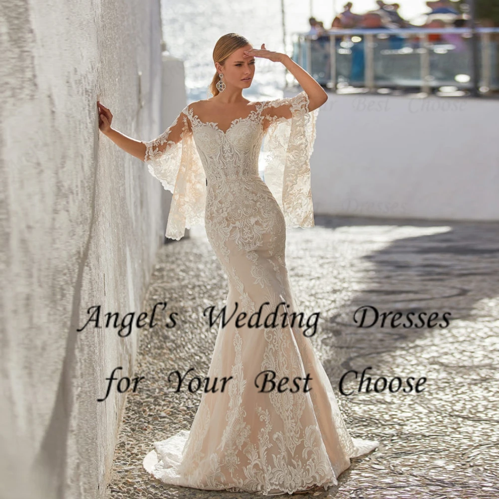 

Fashion Mermaid Wedding Dresses for Women Half Sleeve Bridal Gowns with Lace 2023 Summer New Court Train Vestido De Novia