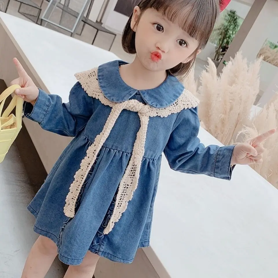 Милое и пушистое джинсовое платье для девочек новинка весны 2022 Детская свободная
