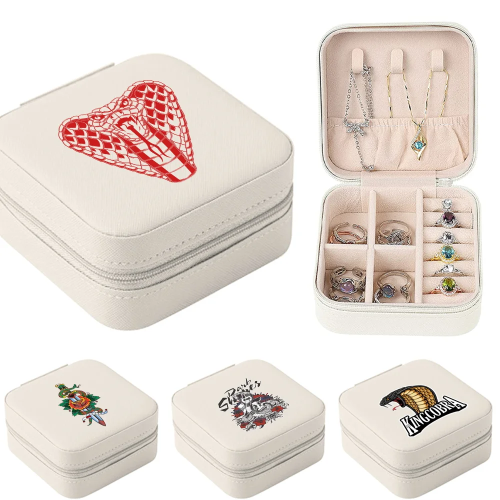 

Travel Jewelry Zipper Case Boxes Small Jewelry Organizer Display Cobra Print Earrings Necklace Ring Portable Jewelry Box Leather