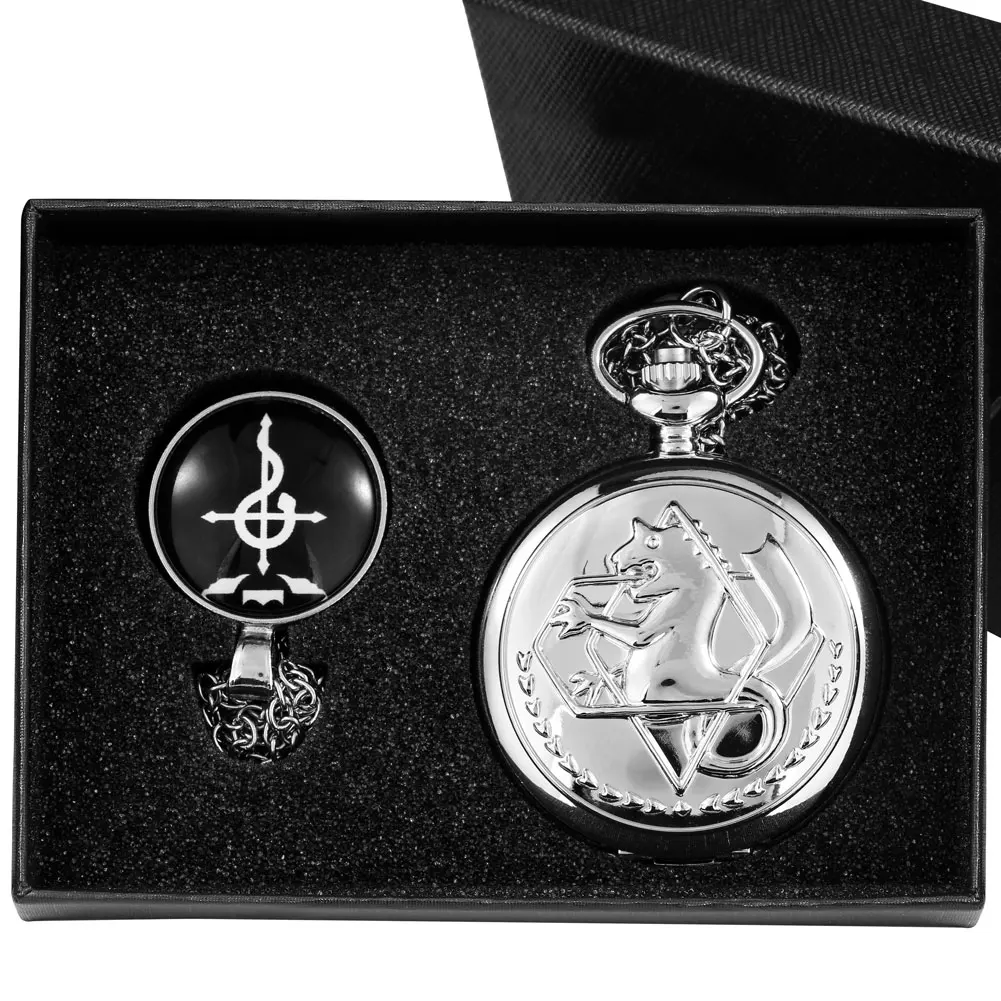 Pocket Watch Gift Set for Men Full Metal Alchemist Luxury Silver Watch Pendant Quartz Pocket Watches Japan Anime Necklace Pedent