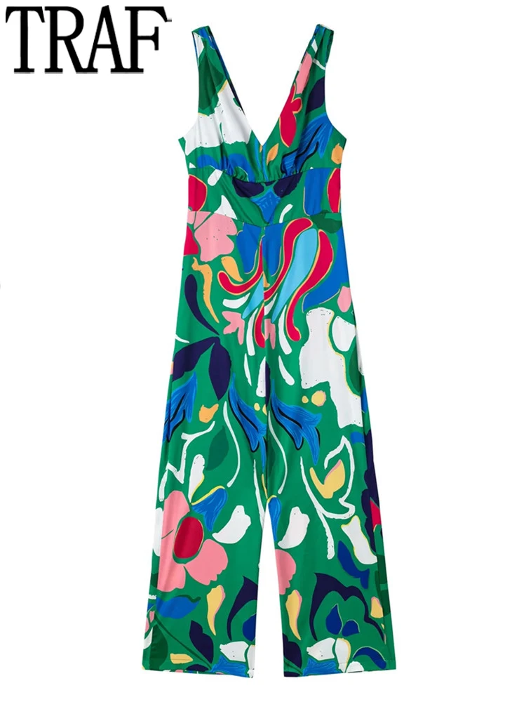 

TRAF Printed Female Jumpsuit Sleeveless Summer Jumpsuits For Women Baggy Wide Leg Jumpsuit Woman Knotted Backless Jumpsuit