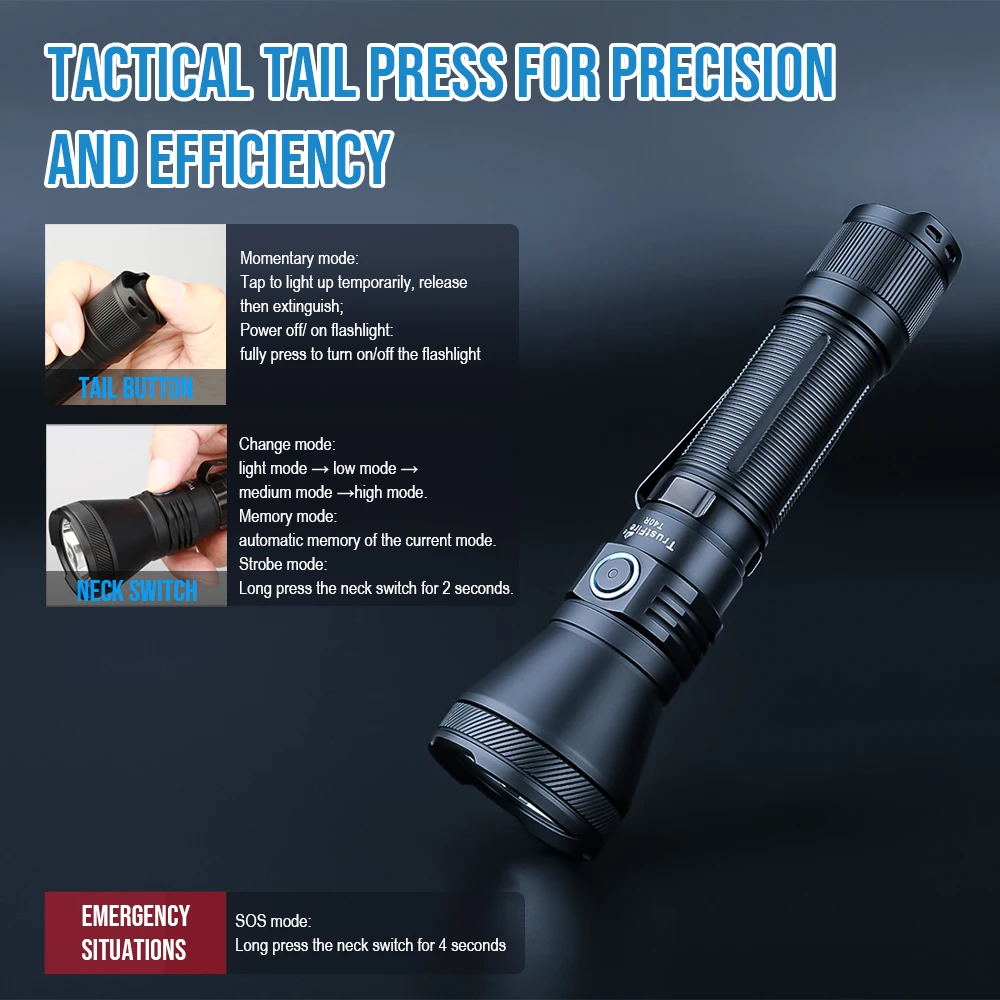 Фото Trustfire T40R армейский тактический светодиодный фонарик 1800 люмен 550 измеритель Перезаряжаемый 18650 лампа с Usb зарядкой для самообороны Ip68 №4