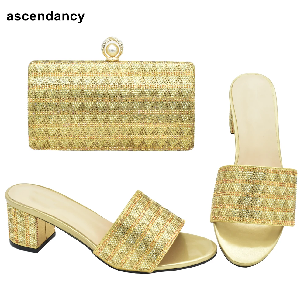 New Fashion Africa Shoe and Bags Set with Rhinestone Plus Size Heels 43 Slip on Square Heel Wedding Shoes Bride Ladies Pumps 1