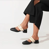 fashion ladies elegant sandals women color matching pearl round toe back empty horseshoe heel mid heel shoe sex prom chunky heel
