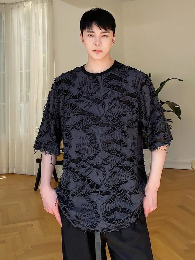 

Summer Men's T-shirt Personalized Worn Hole Round Neck Short Sleeve Short Sleeve Solid Color 2022 Korean Fashion T3157