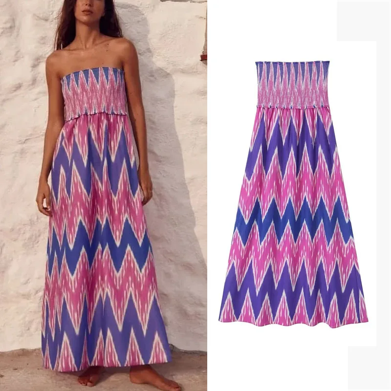 

TRAF Midi Print Strapless Dress For Women 2023 Summer Sexy Backless Long Dresses Chic Smock Elastic Party Vestidos A-line Dress