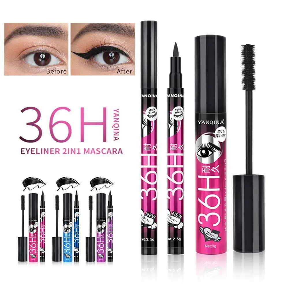 

2 In1 4D Fiber Mascara & Eyeliner Mascara Eyeliner 36H Liquid Smudge-Proof Pencil Long-lasting Mascara Eyeliner Cosmetics P J7M8