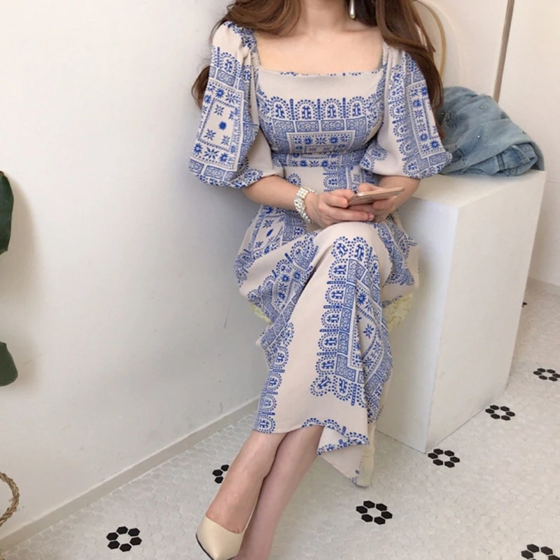 

2020 New Summer Women Vintage Loose High Waist Slim Was Thin Elegant Square Collar