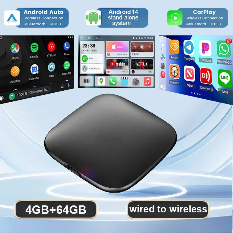 

Автомобильный AI-бокс Android 14 С Беспроводным Android Auto И CarPlay, Smart TV Box С Поддержкой YouTube И Netflix, Черный