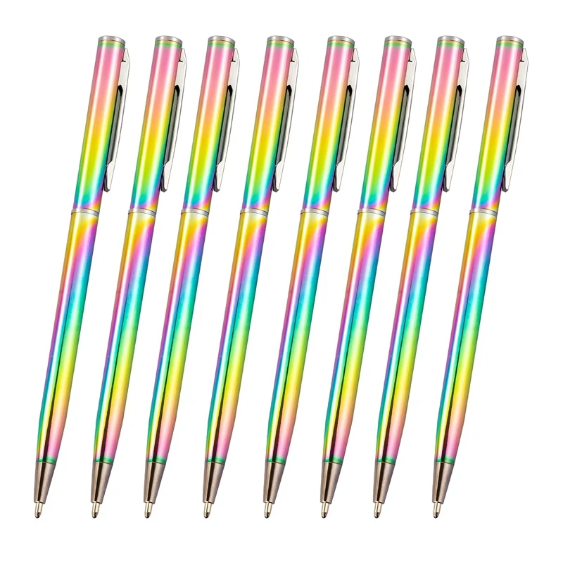 

8Pcs Rainbow Slim Retractable Ballpoint Pen Black Ink Metal Pen Office School Supplies Kids Class Stationery Gifts