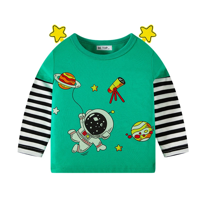2022 Popular Spring Autumn Quality Kids Pullover Long Striped Sleeves Splicing Design T-Shirts 100% Astronaut Series Cotton Tees