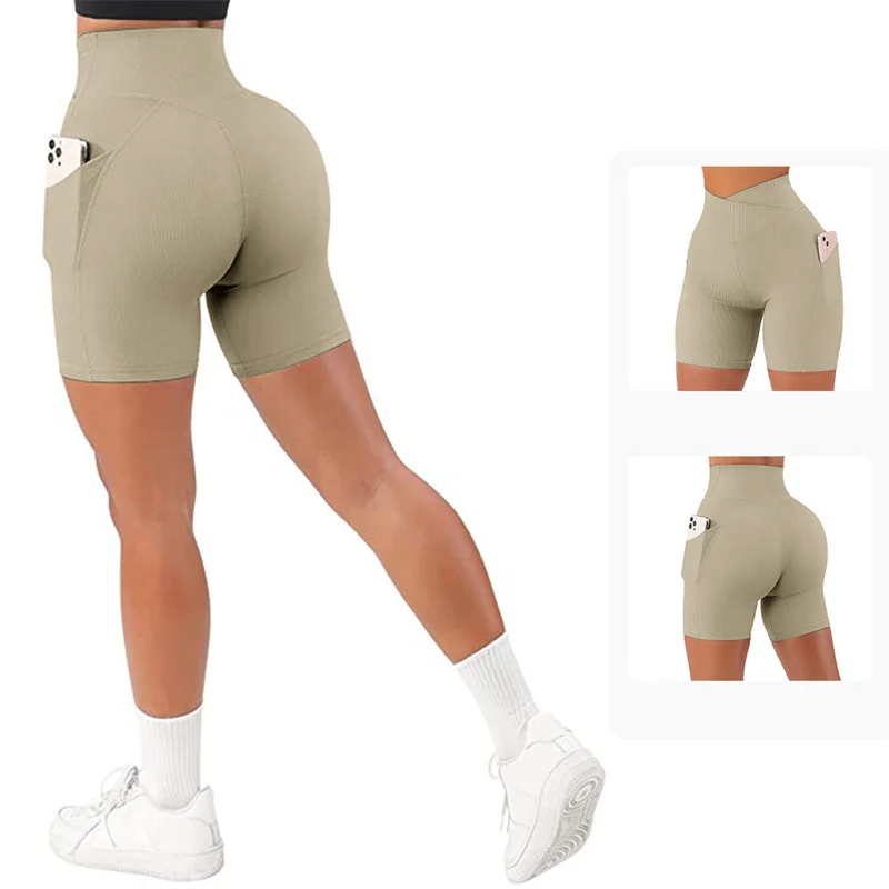 

2022 Women Middle High Impact Athletic Elastic Shorts Cross Waist Tight Fitness Push Up Running Shorts
