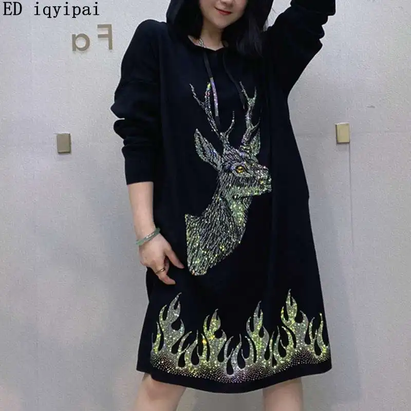 

ED iqyipai Glitter Patchwork Sweater Dress Women Solid Color Knitting Dress Spring Fall Hooded Stretchy Pullover Dresses Vestido