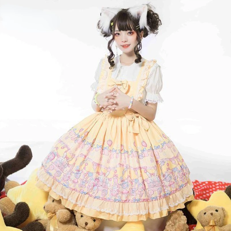 

YUIPO Japanese Sweet Kawaii Jsk Lolita Rabbit Sweet Dress Summer Sleeveless Bow Lace Princess Tea Party Dresses Fairy Kei
