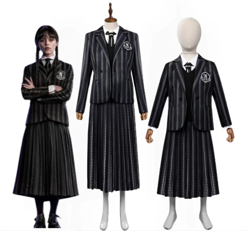 

Adult Kids Wednesday Addams Cosplay Anime Costume School Uniform Dress Outfits Halloween Carnival Party Disguise Role Play Suit