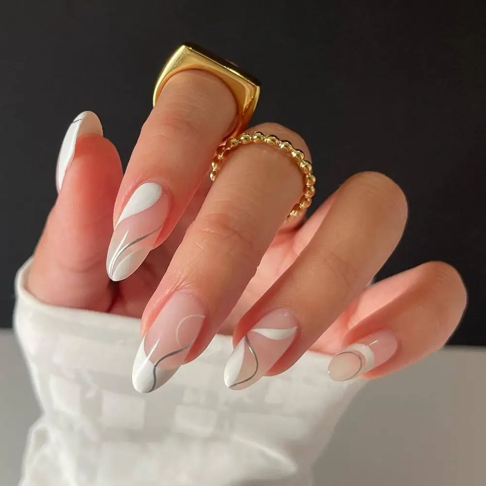 Ensemble de faux ongles français détachables  lignes géométriques  avec design  Nail Art artificiel