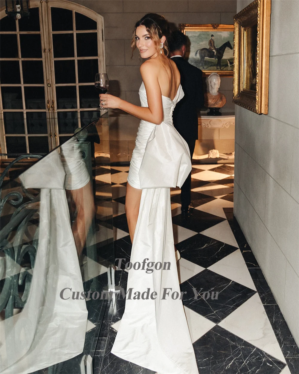 Toofan-футляр атласные короткие свадебные платья плиссированные на одно плечо