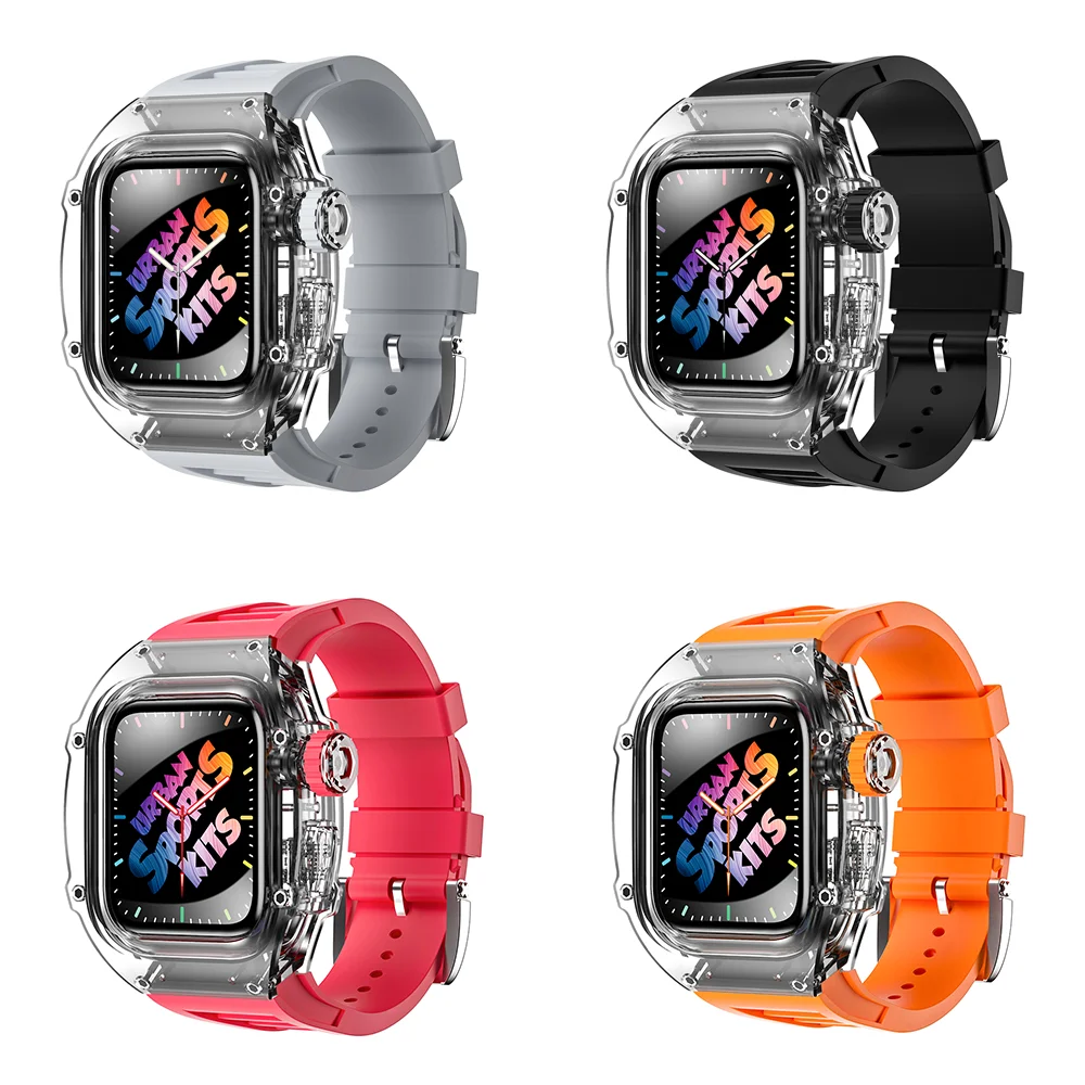 Transparent Bezel Metal Case for Apple Watch 44MM 45MM Fluorine Rubber Strap for Iwatch Series 7 6 5 4 Se Urban Sports Mod KITS