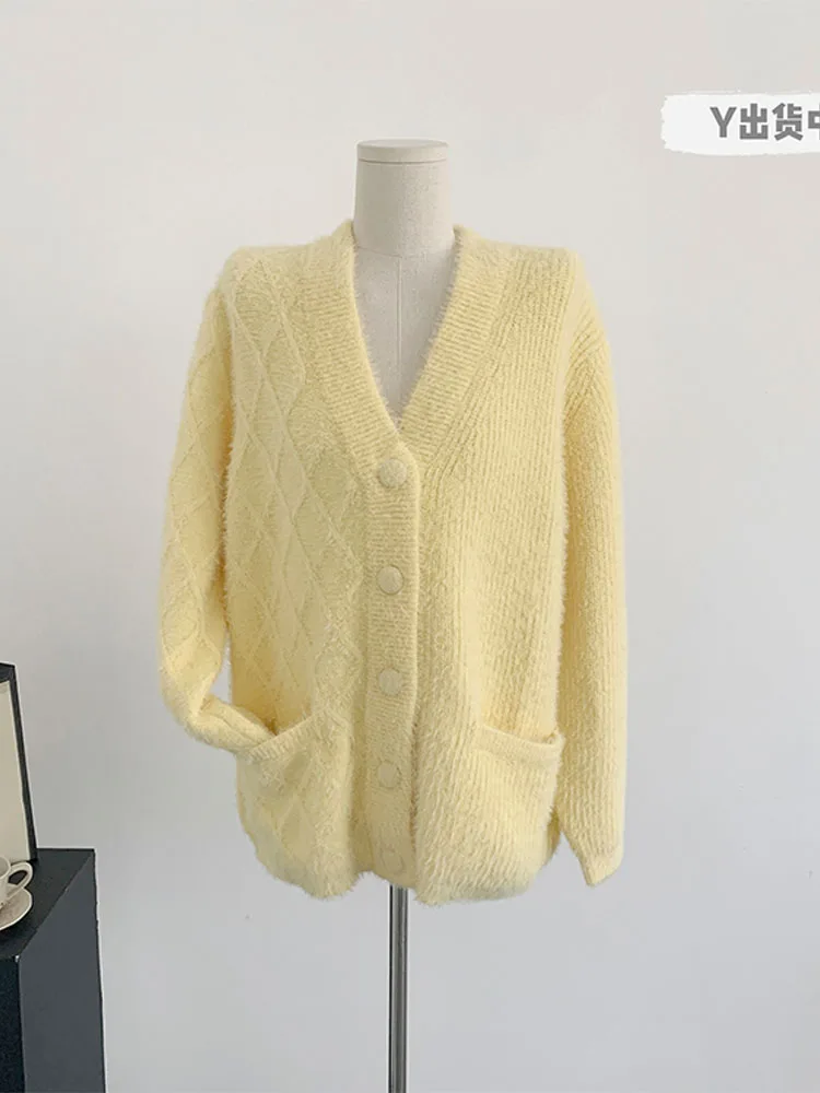 

Fluffy Plush Solid Color Women Teddy Jacket 2022 Autumn Winter V-neck Loose Outer French Elegance Soft Coat Simple Daily Basic