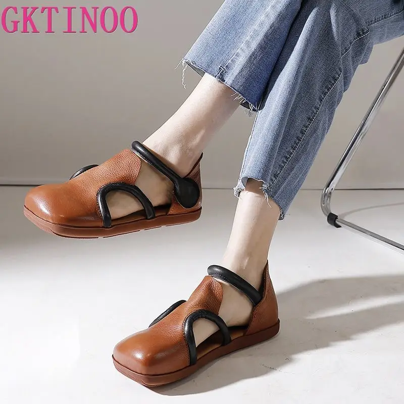 

GKTINOO/женские сандалии с квадратным носком; Удобные сандалии в стиле ретро из натуральной кожи с закрытым носком на плоской мягкой подошве; Роскошные Дизайнерские пляжные сандалии для женщин