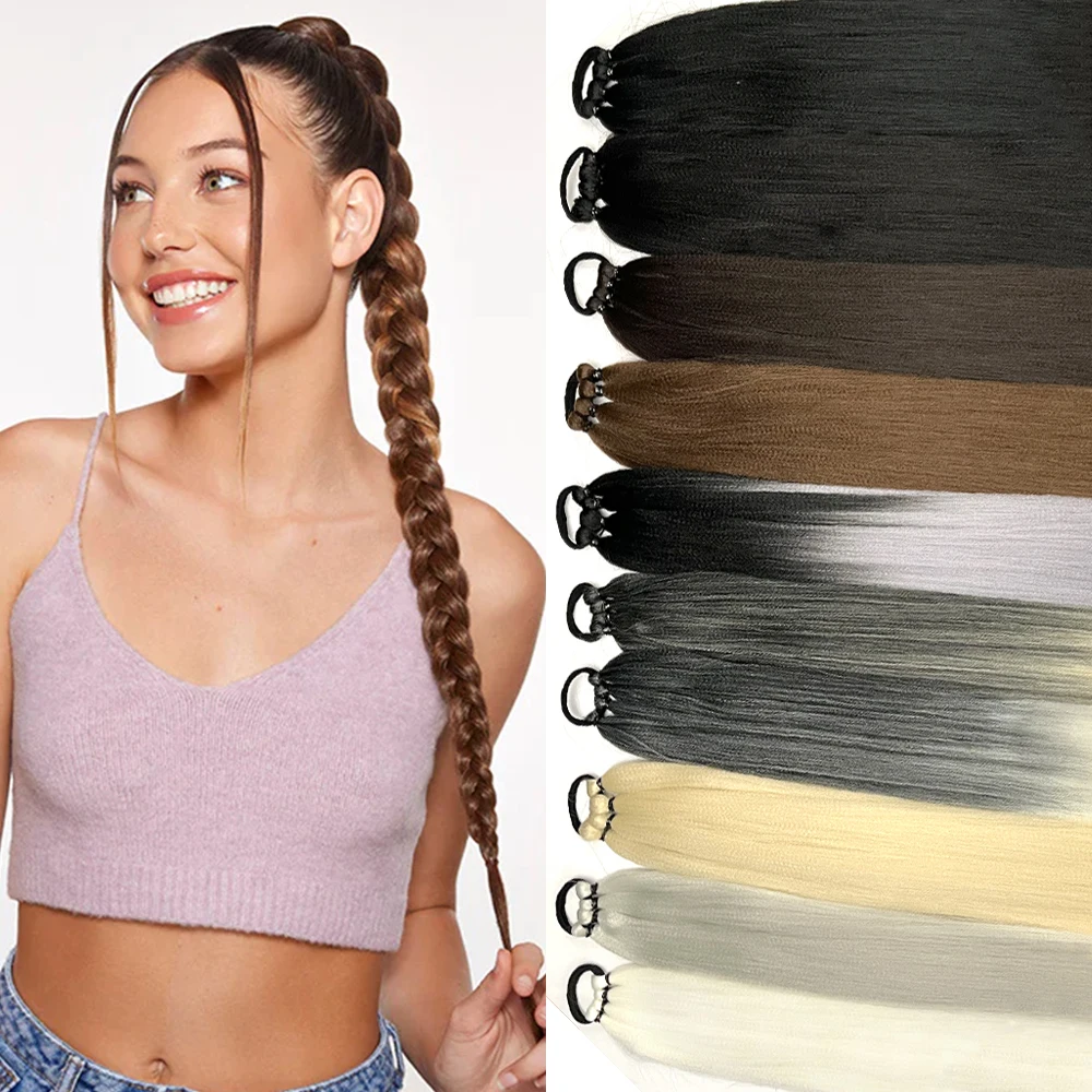 

Synthetic Ponytail Extensions 26 Inch Yaki Boxing Braids Wrap Around Chignon Tail With Rubber Band Brown Black Hairpiece Braid
