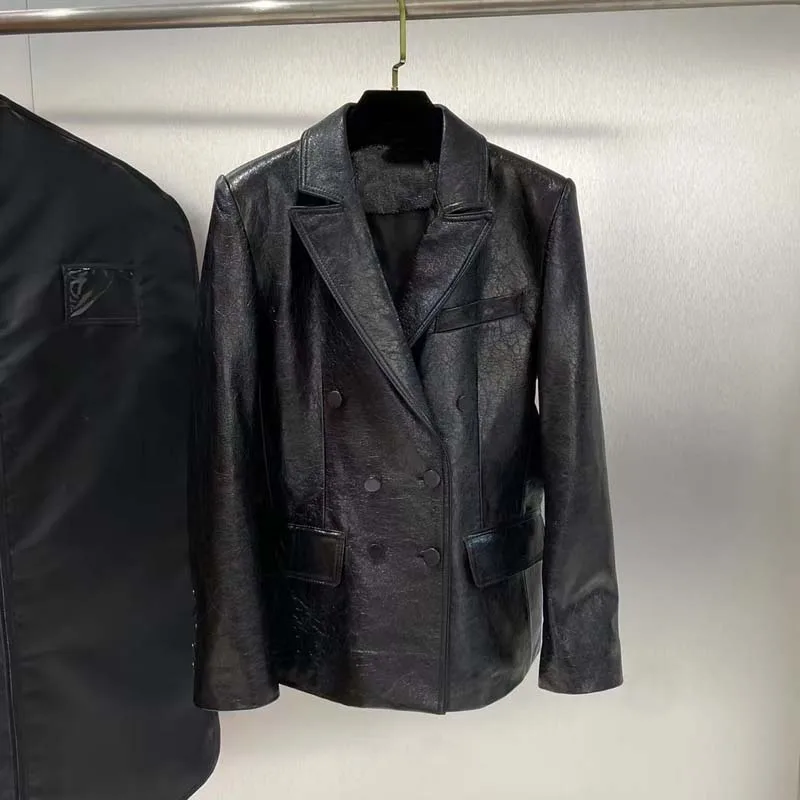 Женское двубортное пальто куртка из натуральной овечьей шкуры с отложным