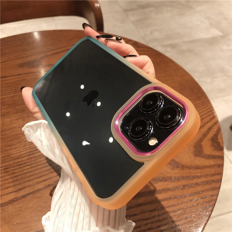 

Gradient Platinum Lens Frame Phone Case For iPhone 13 Pro Max 13 12 11 Pro Max Rainbow Color Bumper Transparent Shockproof Cover
