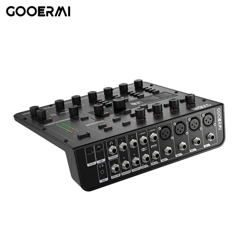 Фото MIXX8 Gooermi Профессиональный 8-канальный аудиомикшер USB, DJ-пульт, караоке, с шумоподавлением для прямых трансляций, сцены и конференций №5