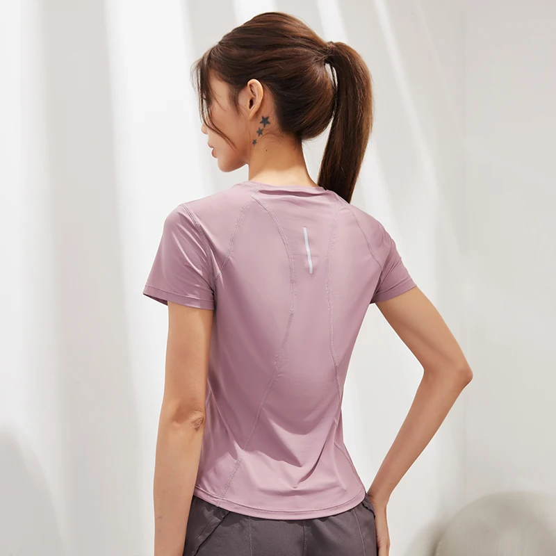 2022 Woman Short Sleeve Shirt Elastic Yoga Mesh Sports T Shirt Fitness Women's Gym Tee Back Reflective Night Running Safety Tops