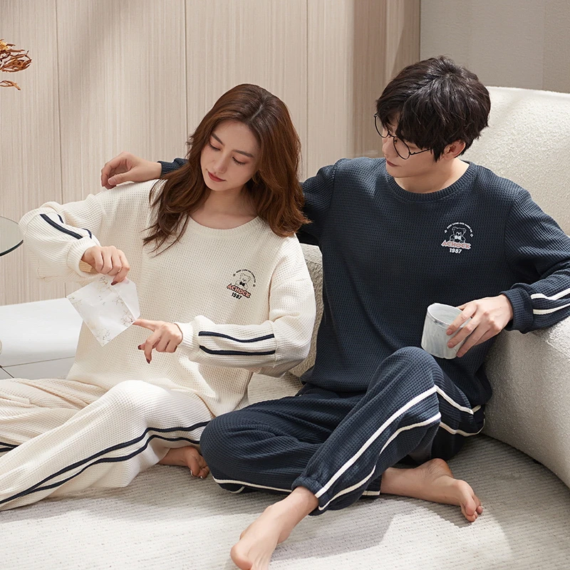 CAIYIER Simple And Comfortable Couple Pajamas Set Sweet Men & Women Cotton Nightwear Suit Autumn Winter Leisure Loves Sleepwear