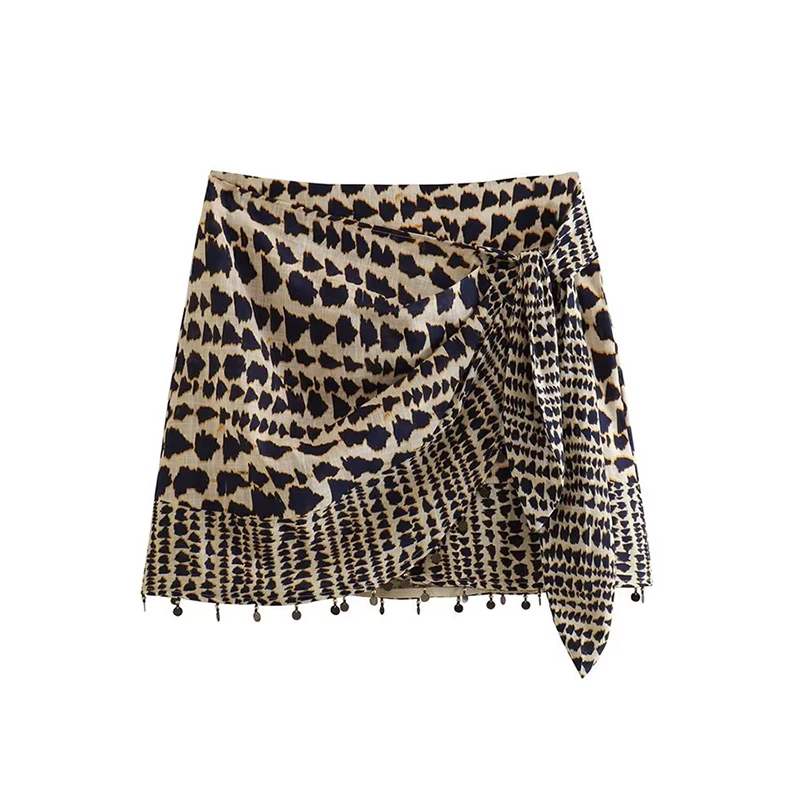 

Летняя женская мини-юбка с принтом, новая модная двубортная юбка А-силуэта для отпуска, асимметричная юбка с блестками и украшением