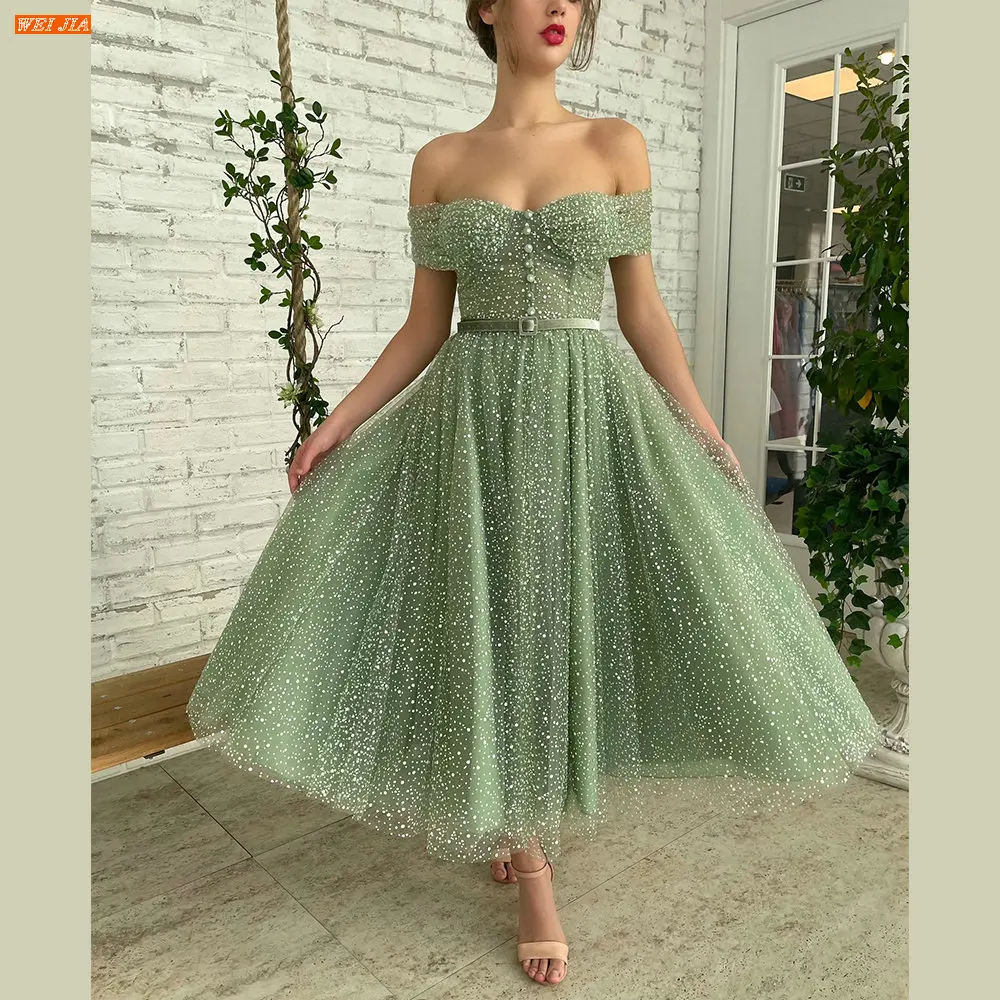 WEIJIA Olive Green Boho Off Shoulder Prom Dresses For Women 2022 Robes De Soirée A Line Party Dress Customized vestidos de noche