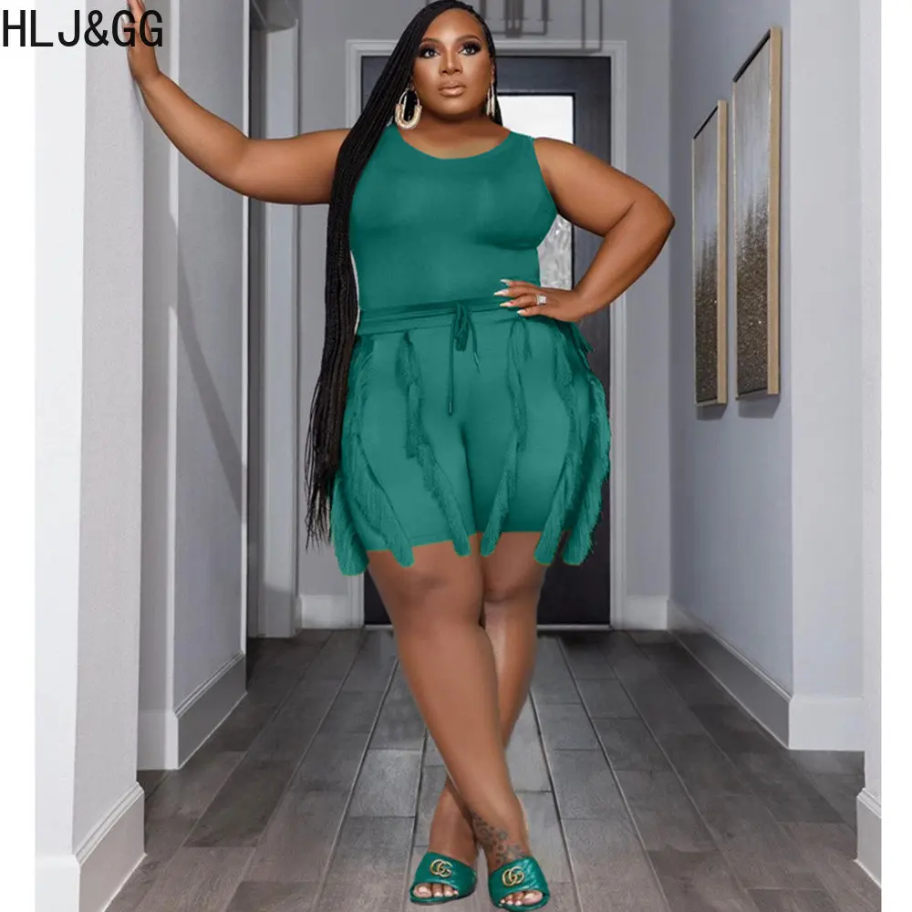 

HLJ&GG Casual Plus Size Women Two Piece Sets XL-5XL Female Bodysuits And Tassels Shorts Tracksuits Summer Solid 2pcs Outfits