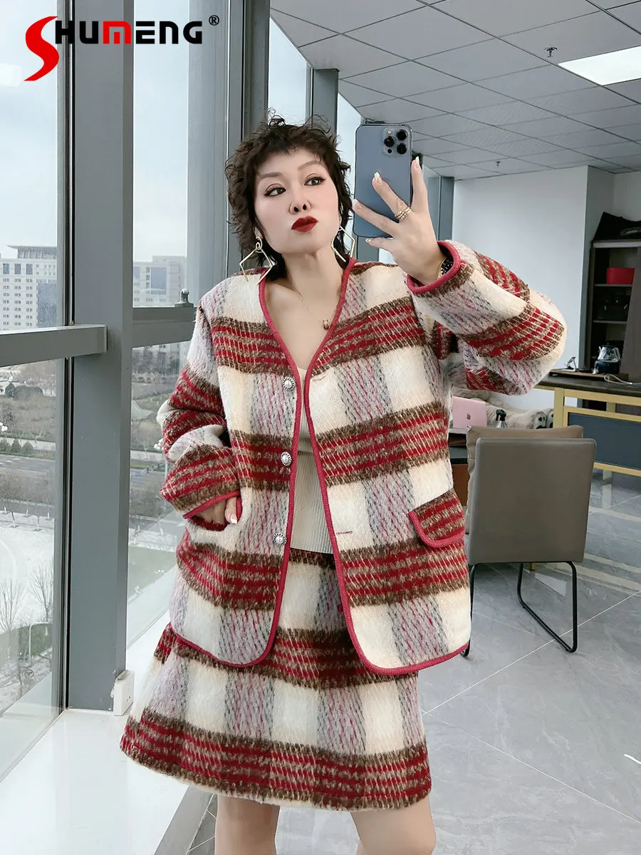 

Large Size Women's Clothing Color-Contrast Artistic Style Coat Chubby Girl Fashion Trendy Simple Above Knee Skirt Two-Piece Suit