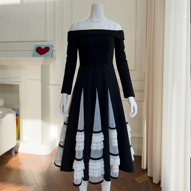 2023 New Fashion Women Dress Vintage Celebrity Style Black One-Shoulder Long Sleeve Pleated Evening Lace Dresses Stage Costumes