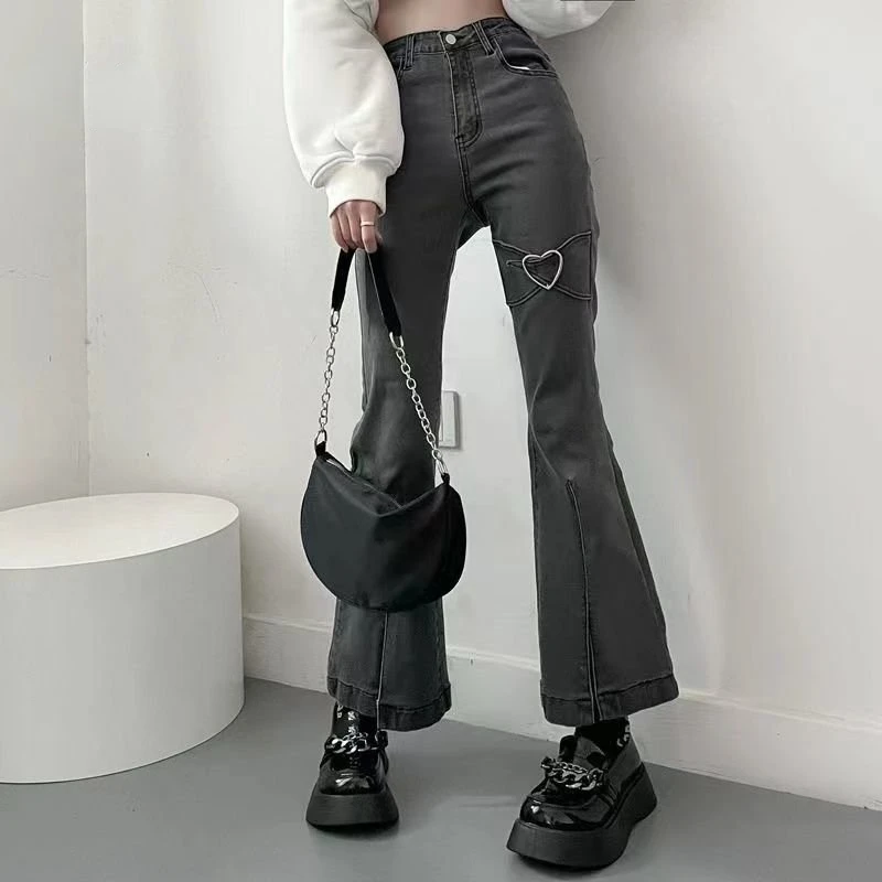 Women's Jeans Vintage Grey Denim Flare Pants Street Style High Waist Slim Slit Trousers Harajuku Y2k Clothing Female