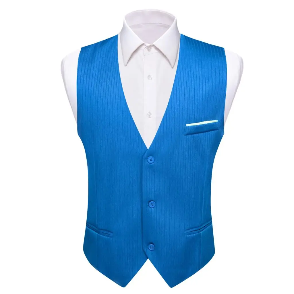 

Luxury Vest for Men Silk Solid Stripes Blue Slim Fit Waistcoat Sleeveless Jacket Weddding Business Formal Male Tops Barry Wang