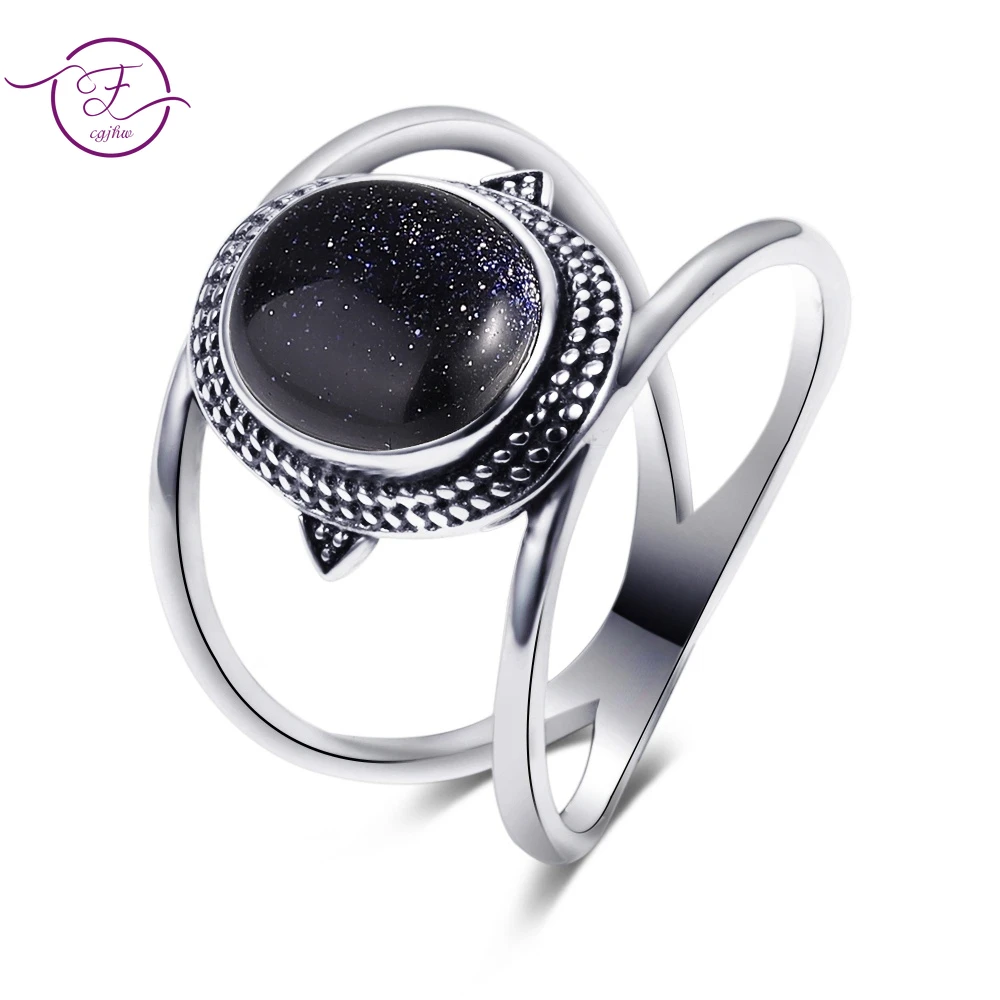 

Vintage Oval Bluesand Stone Rings for Women Silver Color Ring Black Stone Luxury Jewelry Wedding Anniversary Engagement Gift