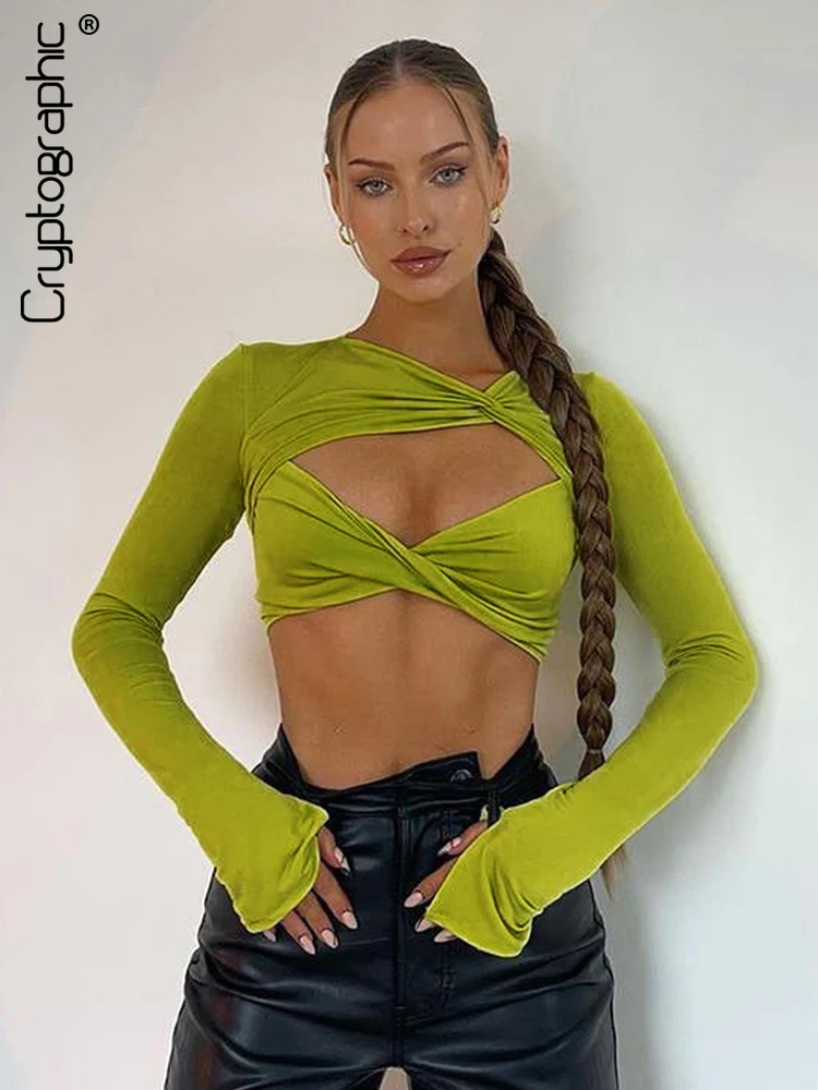 Cryptographic Long Sleeve Spring Autumn Women's Cropped Tops Cut Out Sexy Green Tops T-Shirts Wrap Elegant Top Tees Slim Clothes