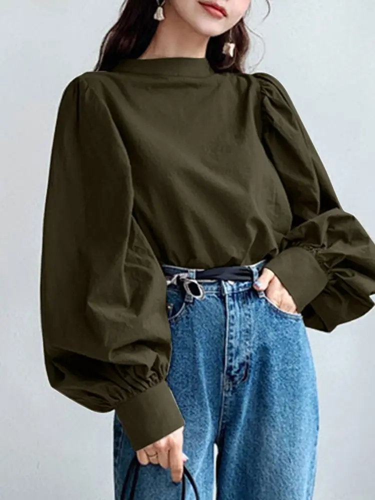 

Женская блузка, рубашки, мода OL 2022 ZANZEA, повседневные однотонные топы с пышными рукавами, туника, Женская водолазка свободного кроя, модель 7 б...