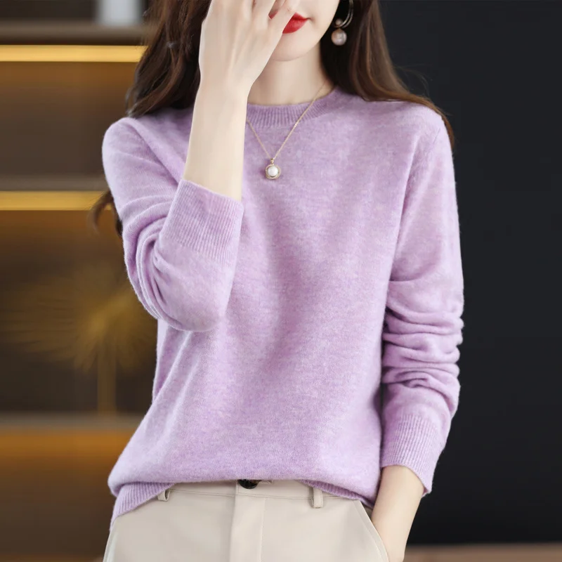 

2023 Spring And Autumn New Sweater Women's Crew Neck Long Sleeve Solid Color Loose Temperament Casual Knit 100% Pure Wool Top